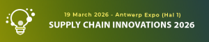 Supply Chain Innovations 2026 Antwerpen event banner - 19 maart, Antwerp Expo Hall 1 - toont Supply Chain Innovations op een groen-geel kleurverloop met gloeilamp-icoon.