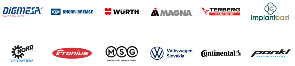 Een verzameling van twaalf bedrijfslogo's van verschillende sectoren en marktleiders, waaronder Diemefa, Knorr-Bremse, Würth, Magna, KNAPP, Terberg Benschop, Implantcast, Nord Drivesystems, Fronius, MSG, Volkswagen Slovakia, Continental en Ponik Racing Systems.