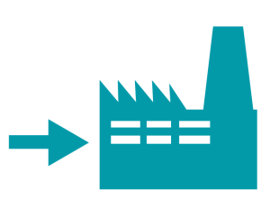 Een groenblauw pictogram van een pijl die naar rechts wijst naar een fabrieksgebouw met een gekarteld dak en twee rijen ramen.