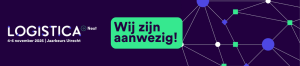 Banner voor LOGISTICA Next, de KNAPP Logistica next beurs op 4-6 november 2025 in Jaarbeurs Utrecht. Nederlandse tekst "Wij zijn aanwezig!" weergegeven met geometrische vormen en lijnen op een donkere achtergrond.