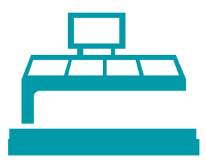 Een eenvoudig blauw pictogram van een receptiebalie met een computermonitor en een werkblad, gezien vanaf de voorkant.